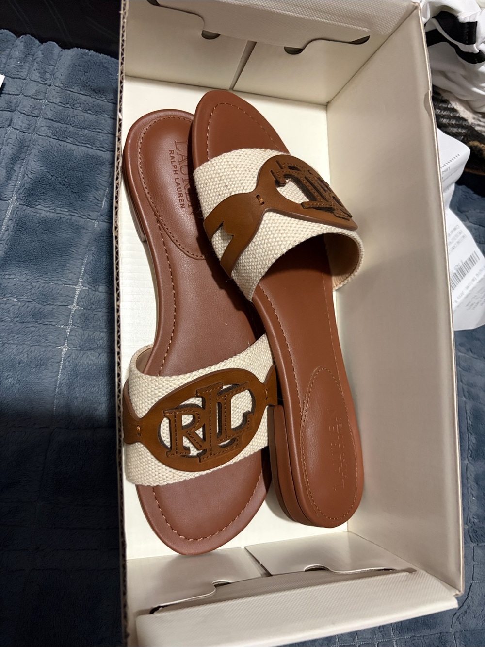 Lauren Ralph Lauren Tan & Cream Logo Slide Sandals
